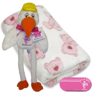 Stork n Pink Bear Plush Blanket Gift for Girls