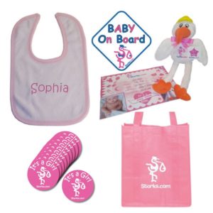 Personalized Pink Trim Bib with Stork and Decals