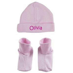 Personalized Embroidered Infant Cap and Booties Set in Pink