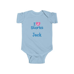 I Love Storks Personalized Infant Bodysuit in Baby Blue