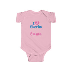 I Love Storks Personalized Infant Bodysuit in Girlie Pink