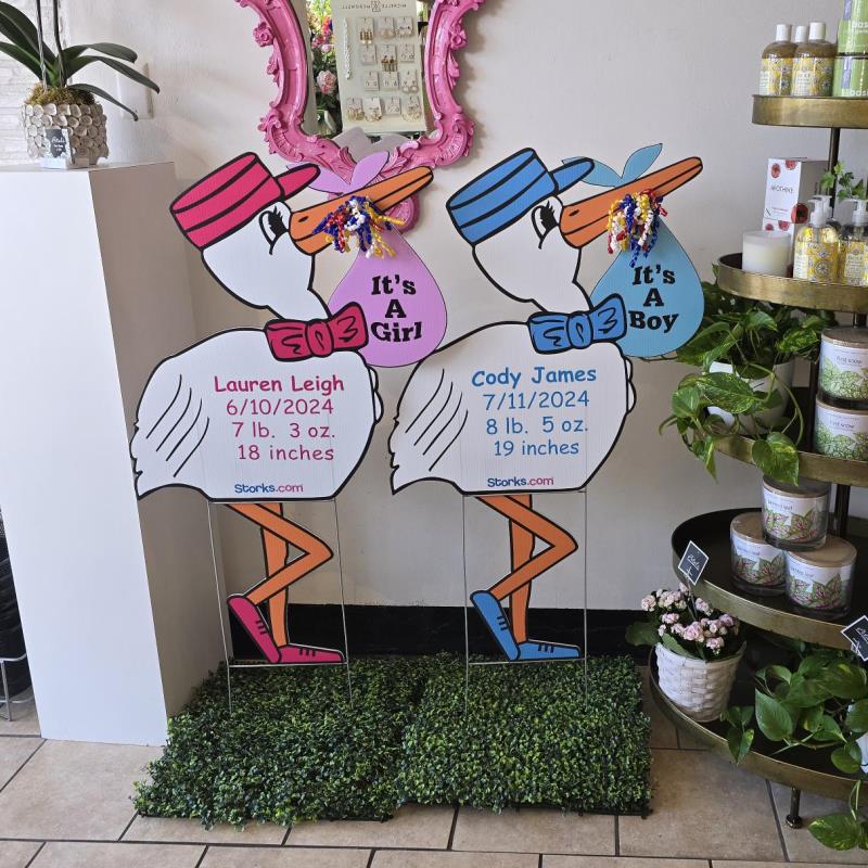 Stork Signs on Stands in Florist